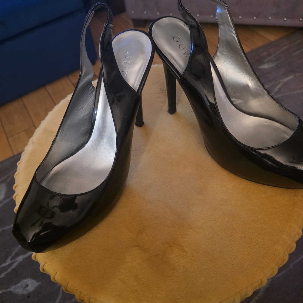 Guess Shiny Black Slingback Heels.